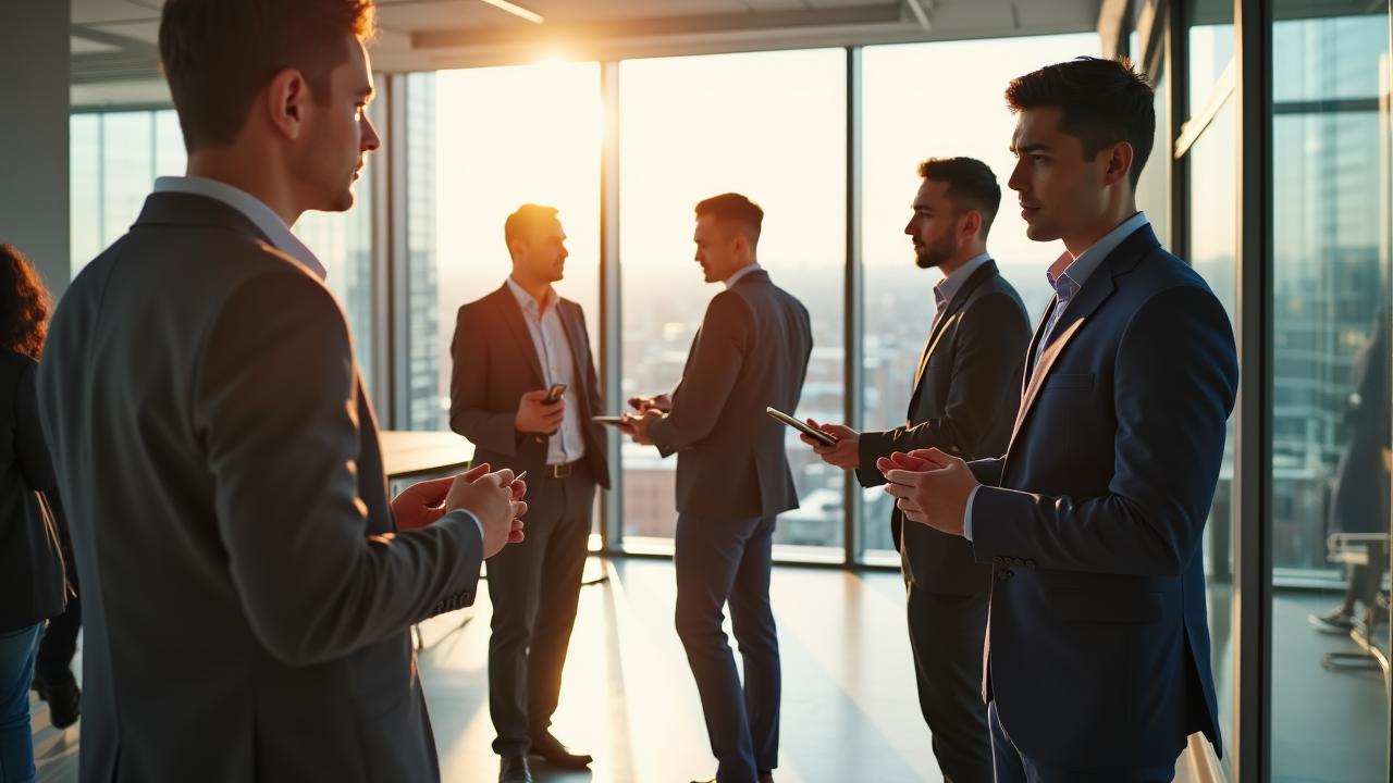 Tech innovators collaborating in a clean environment